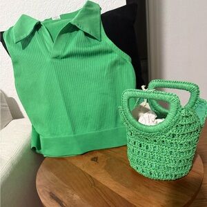Green Sleeveless Top and Woven Bag Set